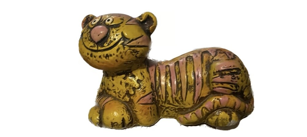Vintage Mid Century Chalk Ware 1970s Cheshire Reclining Tiger Cat Yellow Orange